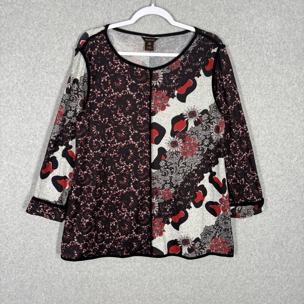 Mixed Media Print Top Medium‎ Black Red Floral Leopard Lace Abstract Artsy Wear